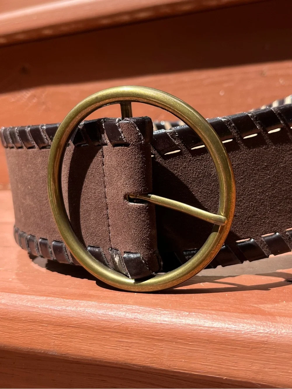 Nine West Genuine Leather Suede Chunky Brown Belt Gold Buckle Boho Festival Y2K